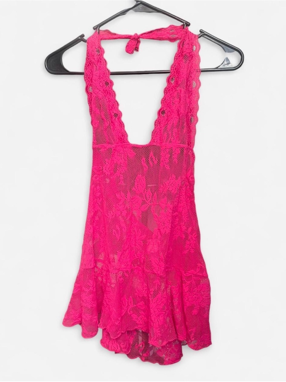 VTG Y2K Victoria's Secret Sexy Hot Pink Lace Babydoll Backless Dress Sz M Ruffle